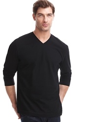 Long sleeve vneck tee with ribbed detail on side seams. Long sleeve vneck tee with ribbed detail on side seams.