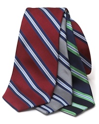 A must-have silk tie that touts diagonal multi-tone stripes.