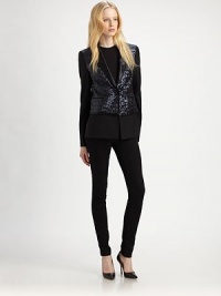 This crisply tailored blazer is embellished with shimmering sequined front and back panels.Velvet lapelsFront button closureWelt pocketsSequined overlay panelFully linedAbout 26 from shoulder to hemShell: polyesterBody: 48% polyester/48% viscose/4% spandexDry cleanImportedModel shown is 5'10 (177cm) wearing US size 4. This crisply tailored blazer is embellished with shimmering sequined front and back panels.Velvet lapelsFront button closureWelt pocketsSequined overlay panelFully linedAbout 26 from shoulder to hemShell: polyesterBody: 48% polyester/48% viscose/4% spandexDry cleanImportedModel shown is 5'10 (177cm) wearing US size 4.