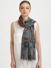 Rendered in a plush wool and silk blend with a colorful paisley print and eyelash fringe.70% wool/30% silkAbout 27 X 66Dry cleanMade in Italy Rendered in a plush wool and silk blend with a colorful paisley print and eyelash fringe.70% wool/30% silkAbout 27 X 66Dry cleanMade in Italy
