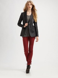 Structured blazer in a classically styled silhouette with a textured touch. Shawl collarLong sleeves with buttoned cuffsButton frontFront flap pocketsBack ventBemberg liningAbout 26 from shoulder to hemPolyester/polychloride/wool/acetateDry cleanMade in USA of Italian fabricModel shown is 5'9 (176cm) wearing US size 4. Structured blazer in a classically styled silhouette with a textured touch. Shawl collarLong sleeves with buttoned cuffsButton frontFront flap pocketsBack ventBemberg liningAbout 26 from shoulder to hemPolyester/polychloride/wool/acetateDry cleanMade in USA of Italian fabricModel shown is 5'9 (176cm) wearing US size 4.
