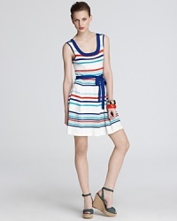 Vibrant stripes pack a punch on this Shoshanna knit dress, finished with a waist-cinching self belt. Vibrant stripes pack a punch on this Shoshanna knit dress, finished with a waist-cinching self belt.