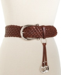 Beautifully braided leather gets an equestrian flourish with this chic leather belt from MICHAEL Michael Kors. Features leather key ring with logo design. Beautifully braided leather gets an equestrian flourish with this chic leather belt from MICHAEL Michael Kors. Features leather key ring with logo design.