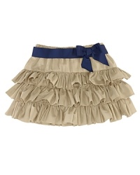 Rendered in lustrous woven cotton voile, a whimsical skirt features three tiers of cascading ruffles and a preppy grosgrain ribbon belt. Rendered in lustrous woven cotton voile, a whimsical skirt features three tiers of cascading ruffles and a preppy grosgrain ribbon belt.