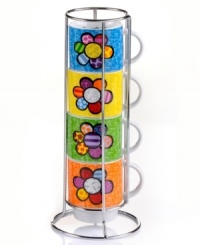 Pattern maker. Four Heart mugs bearing the unmistakable pop art of Romero Britto make a fabulous and functional addition to modern kitchens. Stack to create one cohesive design in the accompanying metal caddy. Pattern maker. Four Heart mugs bearing the unmistakable pop art of Romero Britto make a fabulous and functional addition to modern kitchens. Stack to create one cohesive design in the accompanying metal caddy.