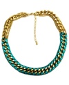 Bright colors and bold textures all represent the exoticism of Brasil. FALCHI by Falchi's brilliant necklace features thick gold tone mixed metal chains woven with bright turquoise ribbon. Approximate length: 18 inches + 3-inch extender.