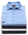 Liquid jersey cotton knit short sleeved polo. Four-logo button placket.