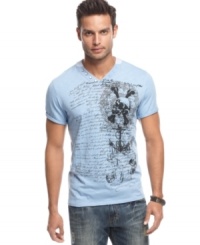Gear up for summer with the on-trend style of this y-neck graphic t-shirt from INC International Concepts. Gear up for summer with the on-trend style of this y-neck graphic t-shirt from INC International Concepts.