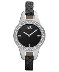 An exotic change of pace from AX Armani Exchange: an alluring timepiece with black leather and Swarovski sparkle.