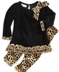 Charming and festive set with leopard bow by Bonnie Baby. The set includes a solid top with leopard ruffles on the cuffs and bottom of dress with matching leopard pattern leggings. She will be a ready to party. Charming and festive set with leopard bow by Bonnie Baby. The set includes a solid top with leopard ruffles on the cuffs and bottom of dress with matching leopard pattern leggings. She will be a ready to party.