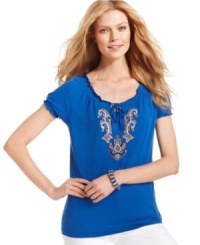 Style&co. adorns this top with bright embroidered detail at the chest and peasant-style details, like a smocked neckline and sleeves. Wear with jeans for a simple but stylish ensemble! Style&co. adorns this top with bright embroidered detail at the chest and peasant-style details, like a smocked neckline and sleeves. Wear with jeans for a simple but stylish ensemble!