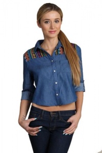 G2 Fashion Square Women's Aztec Printed Shoulder Denim Crop Shirt G2 Fashion Square Women's Aztec Printed Shoulder Denim Crop Shirt