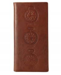 Keep your travel documents organized within this travel wallet by Fossil designed with vintage clocks and made from 100% leather. Keep your travel documents organized within this travel wallet by Fossil designed with vintage clocks and made from 100% leather.