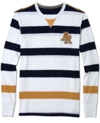 Old-school style. Gold stripe accents on this varsity shirt from American Rag give you a traditional style. Old-school style. Gold stripe accents on this varsity shirt from American Rag give you a traditional style.