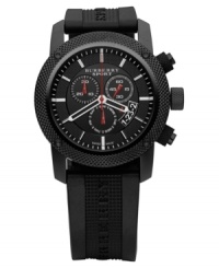 This Burberry timepiece features a black rubber strap and black stainless steel round case. Black dial with three subdials, date window, logo and stick indices. Swiss movement. Water resistant to 100 meters. Two-year limited warranty. This Burberry timepiece features a black rubber strap and black stainless steel round case. Black dial with three subdials, date window, logo and stick indices. Swiss movement. Water resistant to 100 meters. Two-year limited warranty.