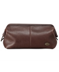 This Estate framed travel kit in rich leather from Fossil features a sturdy frame that's both classic and functional. The zip pouch opens wide for easy access during your morning routine. This Estate framed travel kit in rich leather from Fossil features a sturdy frame that's both classic and functional. The zip pouch opens wide for easy access during your morning routine.