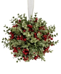 Bring out the romantic side of the holiday season with this beautiful red and green kissing ball. A sparkling finish adds a bit of festive cheer to faux mistletoe and holly. Bring out the romantic side of the holiday season with this beautiful red and green kissing ball. A sparkling finish adds a bit of festive cheer to faux mistletoe and holly.