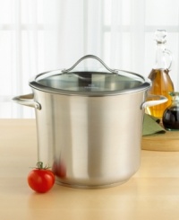 A simply beautiful, large capacity stock pot in all stainless steel, to meet all your simmering needs and complement your contemporary kitchen. With a heavy-gauge aluminum inner core that conducts heat evenly throughout, and a domed tempered cover for see-through convenience that doesn't compromise presentation. Sculpted handles that will stay cool on the stove-top. Lifetime Warranty. A simply beautiful, large capacity stock pot in all stainless steel, to meet all your simmering needs and complement your contemporary kitchen. With a heavy-gauge aluminum inner core that conducts heat evenly throughout, and a domed tempered cover for see-through convenience that doesn't compromise presentation. Sculpted handles that will stay cool on the stove-top. Lifetime Warranty.