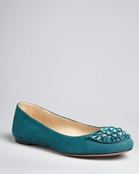 Antique-effect jeweled accents give these Joan & David flats vintage flair that dresses up or down. Antique-effect jeweled accents give these Joan & David flats vintage flair that dresses up or down.