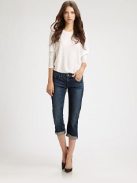 Cropped denim classic with slight fading and rolled cuffs for a casual-cool vibe. THE FITMedium rise, about 8Inseam, about 22THE DETAILSButton closureZip flyFive-pocket style98% cotton/2% polyurethaneMachine washMade in USA of imported fabricModel shown is 5'10 (177cm) wearing US size 2. Cropped denim classic with slight fading and rolled cuffs for a casual-cool vibe. THE FITMedium rise, about 8Inseam, about 22THE DETAILSButton closureZip flyFive-pocket style98% cotton/2% polyurethaneMachine washMade in USA of imported fabricModel shown is 5'10 (177cm) wearing US size 2.