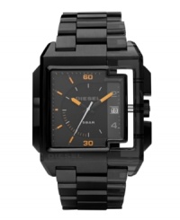 Split personality. Diesel keeps things interesting on this watch by mixing materials. Bracelet and square case are two-thirds black ion-plated stainless steel and one-third black plastic. Gunmetal dial features numerals at two and four o'clock, stick indices, date window at three o'clock, logo and orange accents. Quartz movement. Water resistant to 50 meters. Two-year limited warranty. Split personality. Diesel keeps things interesting on this watch by mixing materials. Bracelet and square case are two-thirds black ion-plated stainless steel and one-third black plastic. Gunmetal dial features numerals at two and four o'clock, stick indices, date window at three o'clock, logo and orange accents. Quartz movement. Water resistant to 50 meters. Two-year limited warranty.