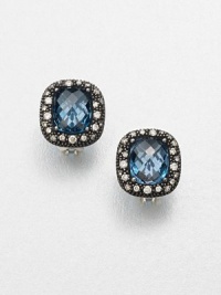 From the Moonlight Ice Collection. A rich style with a faceted blue topaz stone set in blackened sterling silver with brilliant diamond accents. Blue topazBlackened sterling silverDiamonds, .43 tcwSize, about .39Post backImported From the Moonlight Ice Collection. A rich style with a faceted blue topaz stone set in blackened sterling silver with brilliant diamond accents. Blue topazBlackened sterling silverDiamonds, .43 tcwSize, about .39Post backImported