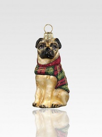 A captivating pug in preppy plaid sparkles in his glittery garb, wonderfully detailed in mouth-blown, hand-painted glass.Glass2.75H X 1.25W X 1DImported A captivating pug in preppy plaid sparkles in his glittery garb, wonderfully detailed in mouth-blown, hand-painted glass.Glass2.75H X 1.25W X 1DImported
