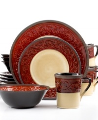 Embossed with graceful vines, the Signal Hill dinnerware set imparts a romantic, old-world charm on any casual setting. Featuring a sophisticated burgundy cream palette in durable stoneware. Embossed with graceful vines, the Signal Hill dinnerware set imparts a romantic, old-world charm on any casual setting. Featuring a sophisticated burgundy cream palette in durable stoneware.
