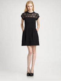 Sophisticated, cotton-rich dress with a pleated skirt and lavish lace paneling that creates a shadow-like effect. Lace roundneckCap sleevesSlash pocketsLace backBack zipperAbout 19 from natural waist69% rayon/29% nylon/2% spandexDry cleanMade in USA of imported fabricModel shown is 5'11 (178cm) wearing US size 2. Sophisticated, cotton-rich dress with a pleated skirt and lavish lace paneling that creates a shadow-like effect. Lace roundneckCap sleevesSlash pocketsLace backBack zipperAbout 19 from natural waist69% rayon/29% nylon/2% spandexDry cleanMade in USA of imported fabricModel shown is 5'11 (178cm) wearing US size 2.