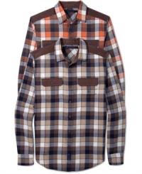 Add a hint of the old west to your new school style with this handsome Sean John plaid shirt. Add a hint of the old west to your new school style with this handsome Sean John plaid shirt.