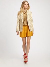 Tailored and trendy, a feminine blazer in a beautiful leopard print.Notched lapelSingle button front closureLong sleevesSlash side pocketsBack ventAbout 25 from shoulder to hem90% cotton/10% silkRayon liningDry cleanImported Tailored and trendy, a feminine blazer in a beautiful leopard print.Notched lapelSingle button front closureLong sleevesSlash side pocketsBack ventAbout 25 from shoulder to hem90% cotton/10% silkRayon liningDry cleanImported