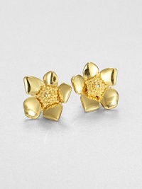 From the Bloomspot Collection. Golden flowers with polished petals and textured centers couldn't be prettier or more feminine.GoldtoneDiameter, about 1Post backImported From the Bloomspot Collection. Golden flowers with polished petals and textured centers couldn't be prettier or more feminine.GoldtoneDiameter, about 1Post backImported