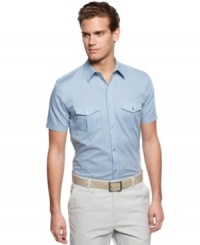 Refine your casual look with these button front woven shirt from Calvin Klein. Short sleeves make it perfect for your summer workweek look. Refine your casual look with these button front woven shirt from Calvin Klein. Short sleeves make it perfect for your summer workweek look.