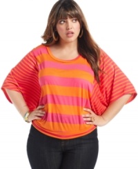 Get standout style with ING's butterfly sleeve plus size top, highlighted by a striped pattern-- team it with your fave jeans! Get standout style with ING's butterfly sleeve plus size top, highlighted by a striped pattern-- team it with your fave jeans!