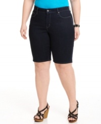 A dark wash lends a slimming finish to Levi's plus size Bermuda shorts, featuring by a tummy control panel for a flattering fit. A dark wash lends a slimming finish to Levi's plus size Bermuda shorts, featuring by a tummy control panel for a flattering fit.
