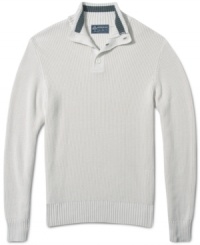 American Rag updates the cotton sweater with a placket that can be buttoned to create a mock turtleneck . . . or left open to show off the contrasting color stripe.