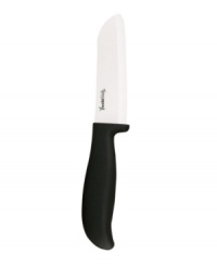 Keep your edge! Built tough from eco-friendly ceramic with an incredibly sharp blade that never dulls. The ideal choice for precision cutting and extra-thin slicing, the Santoku is the chef's rust-resistant companion that easily stores away in the included sheath. Complete your kitchen excellence with the bonus peeler, which preps fruits and veggies like a pro. Keep your edge! Built tough from eco-friendly ceramic with an incredibly sharp blade that never dulls. The ideal choice for precision cutting and extra-thin slicing, the Santoku is the chef's rust-resistant companion that easily stores away in the included sheath. Complete your kitchen excellence with the bonus peeler, which preps fruits and veggies like a pro.