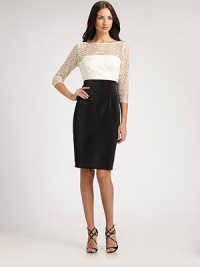 A sleek, textural pencil skirt is crowned by a contrasting, romantic lace bodice.BoatneckSheer yokeSheer three-quarter sleevesConcealed back zipFully linedAbout 24 from natural waistBodice: 65% polyester/35% metallicSkirt: 73% rayon/22% polyester/5% spandex Dry cleanImportedModel shown is 5'11 (180cm) wearing US size 4. A sleek, textural pencil skirt is crowned by a contrasting, romantic lace bodice.BoatneckSheer yokeSheer three-quarter sleevesConcealed back zipFully linedAbout 24 from natural waistBodice: 65% polyester/35% metallicSkirt: 73% rayon/22% polyester/5% spandex Dry cleanImportedModel shown is 5'11 (180cm) wearing US size 4.