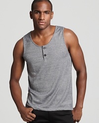 Cooler than your average tank, this sleeveless henley top from Theory boasts a versatile shade of heather gray and a stylish two button neckline. Cooler than your average tank, this sleeveless henley top from Theory boasts a versatile shade of heather gray and a stylish two button neckline.