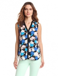DKNYC Women's Printed Sleeveless V-Neck Button Thru Blouse With Chiffon Yoke, Black, Medium DKNYC Women's Printed Sleeveless V-Neck Button Thru Blouse With Chiffon Yoke, Black, Medium