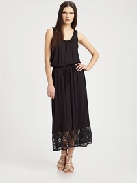 Lengthy, ladylike scoopneck enhanced by a drawstring waistband and lace hem. ScoopneckSleevelessDrawstring drop waistLace-trim hemLace trim at upper backAbout 14 from natural waistPolyester lace trim96% modal/4% spandexHand washMade in USAModel shown is 5'10 (177cm) wearing US size Small. Lengthy, ladylike scoopneck enhanced by a drawstring waistband and lace hem. ScoopneckSleevelessDrawstring drop waistLace-trim hemLace trim at upper backAbout 14 from natural waistPolyester lace trim96% modal/4% spandexHand washMade in USAModel shown is 5'10 (177cm) wearing US size Small.