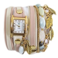 La Mer Collections - Golden Aspen Leaf Charm Blush Bone Layer Leather Wrap Watch