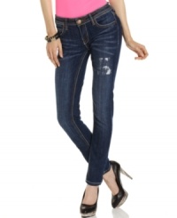 Time for a skinny jean update! This dark wash style from Dollhouse is full of cool deets, from the paint splatter effect at the thigh, to the pair of back pockets that sport an awesome design! Time for a skinny jean update! This dark wash style from Dollhouse is full of cool deets, from the paint splatter effect at the thigh, to the pair of back pockets that sport an awesome design!