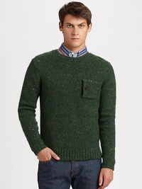 Crewneck sweater shaped in a rich wool blend with a speckled finish.CrewneckChest patch pocketRibbed knit cuffs and hem81% wool/15% alpaca/4% viscoseDry cleanImported Crewneck sweater shaped in a rich wool blend with a speckled finish.CrewneckChest patch pocketRibbed knit cuffs and hem81% wool/15% alpaca/4% viscoseDry cleanImported