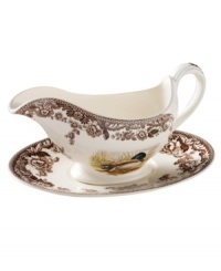 Bring the classic style of the English countryside to your table with the Woodland Collection. This traditionally patterned turkey gravy boat and stand features a turkey and Spode's distinctive British Flowers border, which dates back to 1828. 11-ounce capacity. Bring the classic style of the English countryside to your table with the Woodland Collection. This traditionally patterned turkey gravy boat and stand features a turkey and Spode's distinctive British Flowers border, which dates back to 1828. 11-ounce capacity.