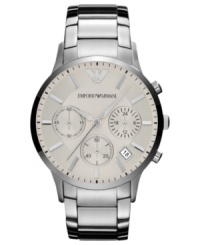 Polished stainless steel shines on this precise chronograph watch from Emporio Armani. Polished stainless steel shines on this precise chronograph watch from Emporio Armani.