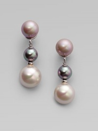A trio of softly hued pearls, in grey, nuage, and white, elegantly dangle.8mm, 10mm and 12mm multicolor organic man-made pearls Sterling silver Drop, about 1½ Pierced clip Made in Spain A trio of softly hued pearls, in grey, nuage, and white, elegantly dangle.8mm, 10mm and 12mm multicolor organic man-made pearls Sterling silver Drop, about 1½ Pierced clip Made in Spain