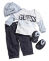 GUESS Kids Boys Newborn GUESS Kids Boys Long-Sleeve Tee, Pants, Cap and Booties Set (0-9M), WHITE (6/9M)