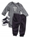 GUESS Kids Boys Newborn Bodysuit, Sweatpants and Socks Gift Bag Set (0-9M), NAVY (3/6M)