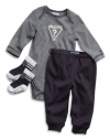 GUESS Kids Boys Newborn Bodysuit, Sweatpants and Socks Gift Bag Set (0-9M), NAVY (0/3M)